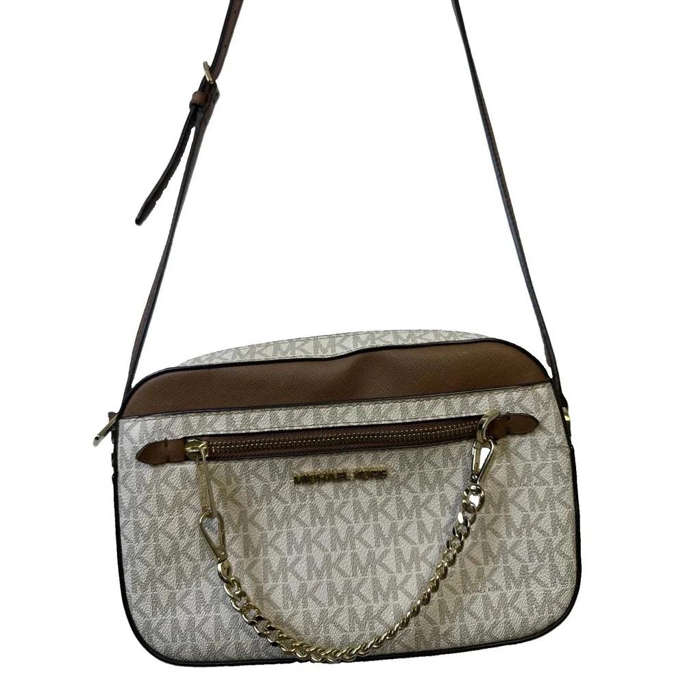 Michael Kors Jet Set Large Logo Crossbody Bag Vanilla Zip Chain Strap